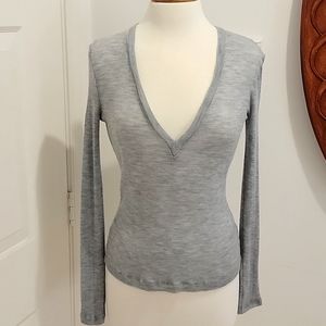 *EUC* T by Alexander Wang Sheer Wooly Rib Deep V-Neck Long Sleeve Top-Gray SZ:M